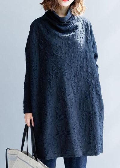 French blue Cotton Tunics high neck oversized fall Dress - bagstylebliss
