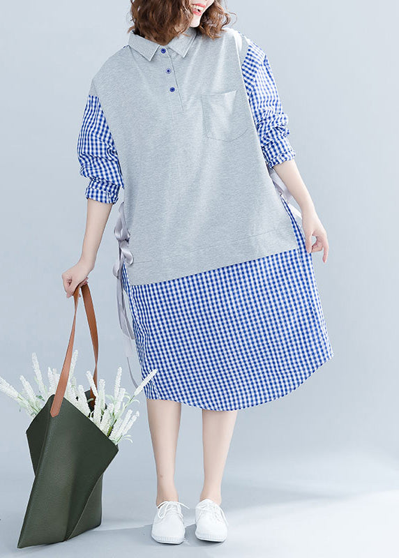 French Blue Plaid Cotton O fashion Tutorials Stand Collar Tie Waist Cotton Summer Dresses