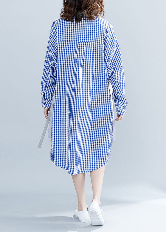 French Blue Plaid Cotton O fashion Tutorials Stand Collar Tie Waist Cotton Summer Dresses