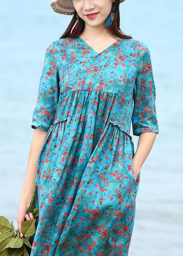 French blue floral linen clothes For Women patchwork long v neck Dresses - bagstylebliss