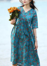 French blue floral linen clothes For Women patchwork long v neck Dresses - bagstylebliss