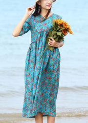 French blue floral linen clothes For Women patchwork long v neck Dresses - bagstylebliss