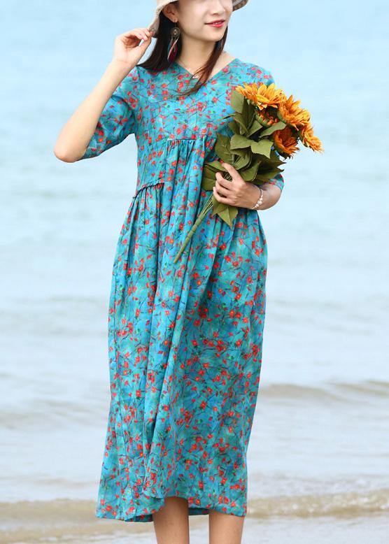 French blue floral linen clothes For Women patchwork long v neck Dresses - bagstylebliss