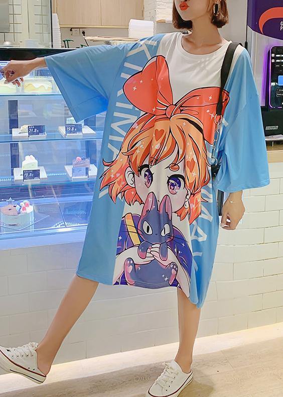 French blue half sleeve cotton clothes Women Cartoon print Dresses summer Dress - bagstylebliss