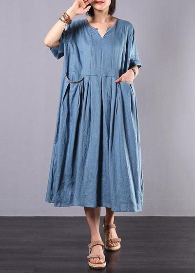 French blue linen clothes For Women big hem A Line summer Dress - bagstylebliss