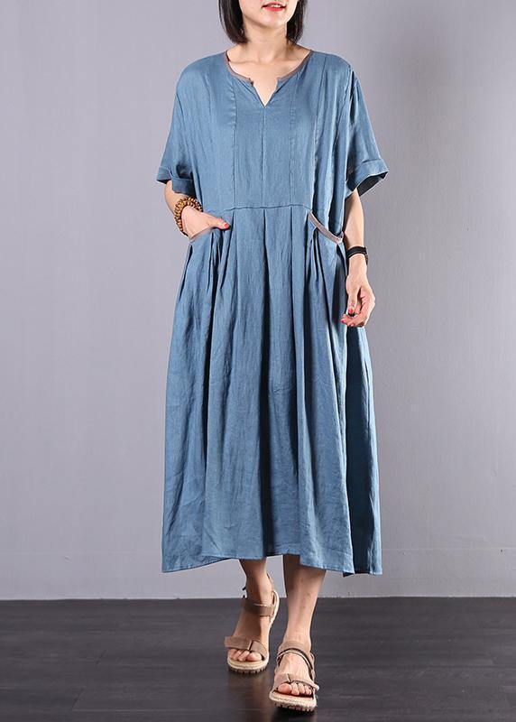 French blue linen clothes For Women big hem A Line summer Dress - bagstylebliss