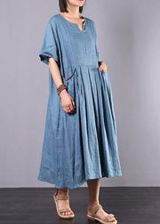 French blue linen clothes For Women big hem A Line summer Dress - bagstylebliss