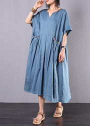 French blue linen clothes For Women big hem A Line summer Dress - bagstylebliss