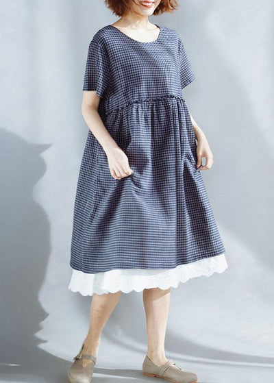 French blue o neck cotton clothes plaid ruffles Maxi summer Dresses - bagstylebliss
