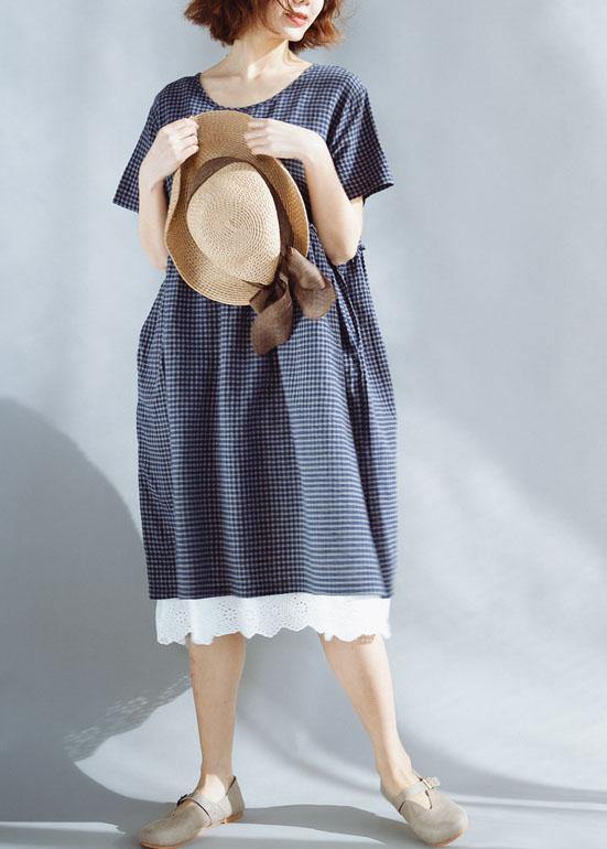 French blue o neck cotton clothes plaid ruffles Maxi summer Dresses - bagstylebliss