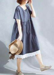 French blue o neck cotton clothes plaid ruffles Maxi summer Dresses - bagstylebliss