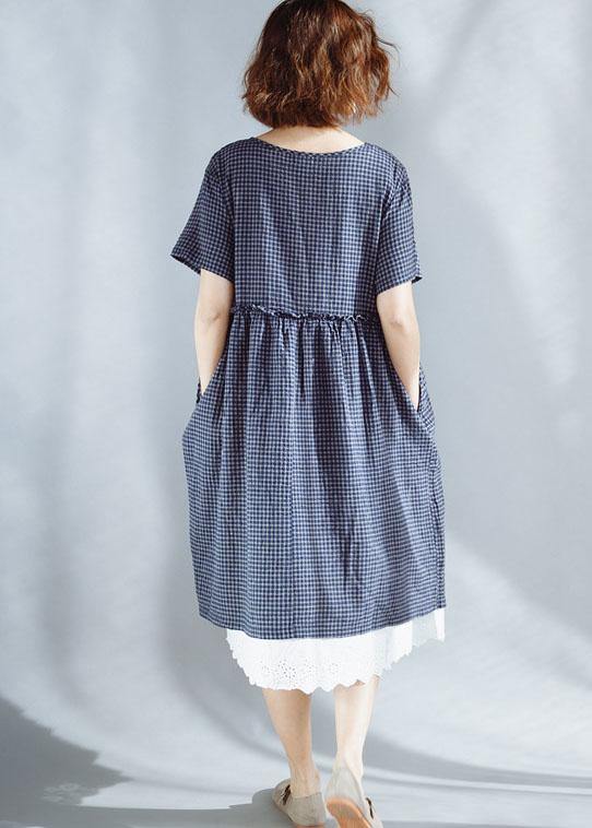 French blue o neck cotton clothes plaid ruffles Maxi summer Dresses - bagstylebliss