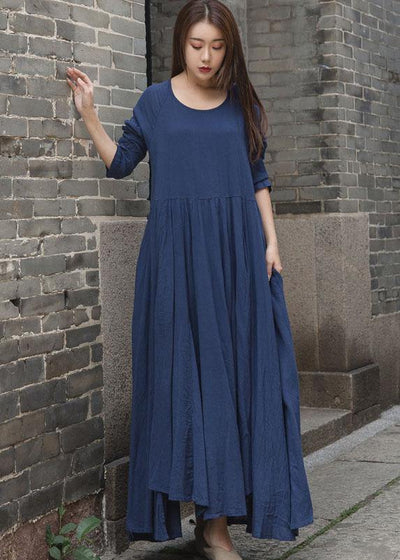 French blue patchwork cotton linen clothes For Women long sleeve Traveling summer Dresses - bagstylebliss