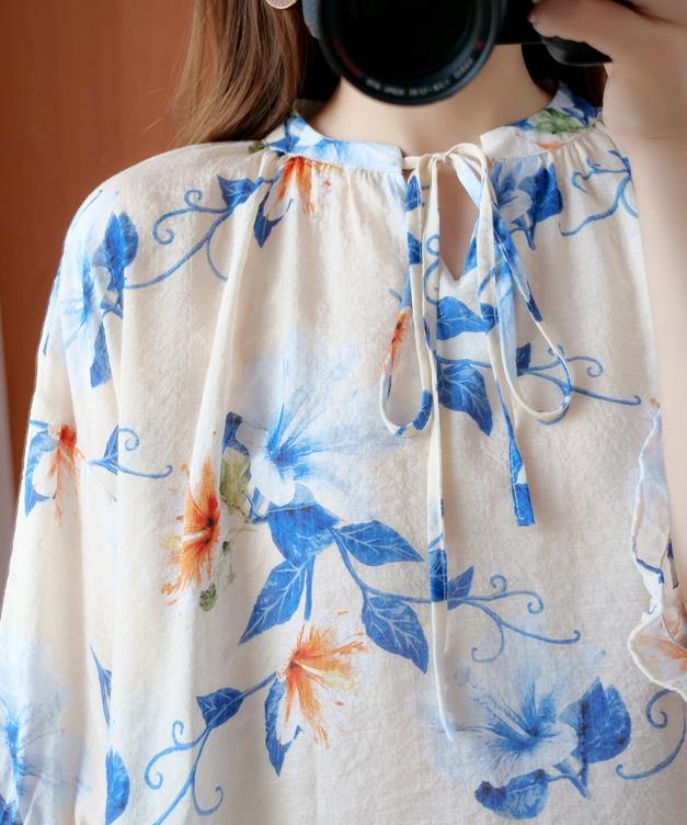 French blue print clothes o neck lantern sleeve Plus Size Clothing summer shirt - bagstylebliss