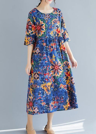French blue print cotton clothes Women 18th Century Inspiration o neck Half sleeve Maxi Summer Dress - bagstylebliss