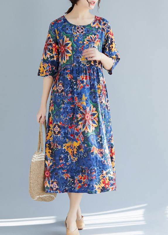 French blue print cotton clothes Women 18th Century Inspiration o neck Half sleeve Maxi Summer Dress - bagstylebliss