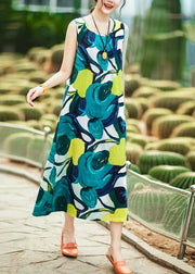 French blue print cotton clothes Women stylish Fabrics sleeveless A Line summer Dress - bagstylebliss