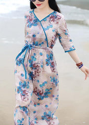 French blue print dress v neck drawstring long spring Dress - bagstylebliss