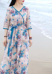 French blue print dress v neck drawstring long spring Dress - bagstylebliss