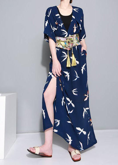 French blue prints chiffon dresses v neck Traveling summer Dress - bagstylebliss