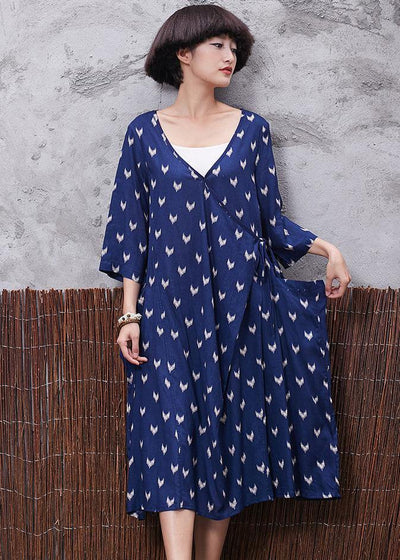 French blue prints v neck linen quilting clothes asymmetric tie cotton robes summer Dresses - bagstylebliss