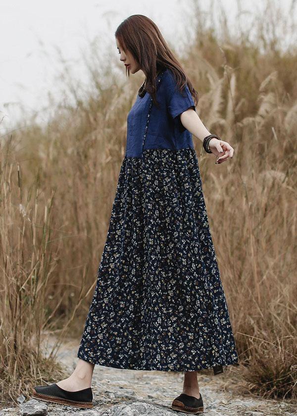 French blue short sleeve linen Robes patchwork summer Dress - bagstylebliss