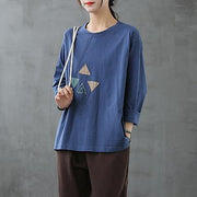 French blue tops women o neck patchwork Art top - bagstylebliss