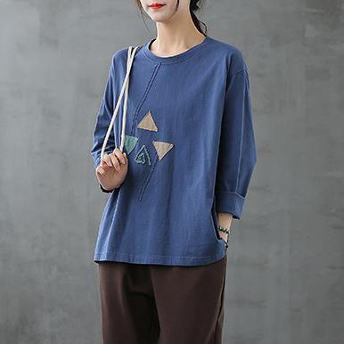 French blue tops women o neck patchwork Art top - bagstylebliss