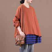 French brown blouses for women o neck patchwork Knee top - bagstylebliss