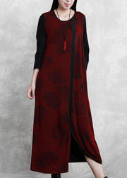 French burgundy Jacquard quilting clothes o neck patchwork Robe  Dresses - bagstylebliss
