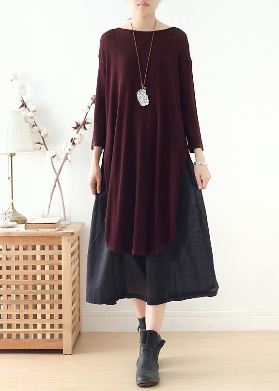 French burgundy Long Shirts o neck side open Art Dress - bagstylebliss