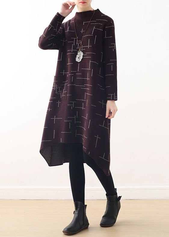 French burgundy plaid clothes For Women high neck Kaftan fall Dress - bagstylebliss