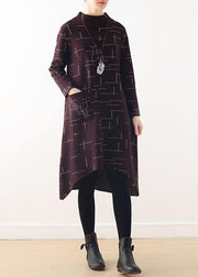 French burgundy plaid clothes For Women high neck Kaftan fall Dress - bagstylebliss