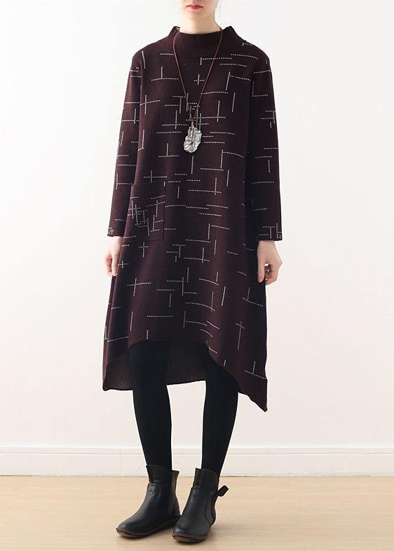 French burgundy plaid clothes For Women high neck Kaftan fall Dress - bagstylebliss