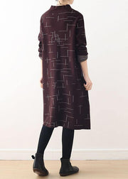 French burgundy plaid clothes For Women high neck Kaftan fall Dress - bagstylebliss