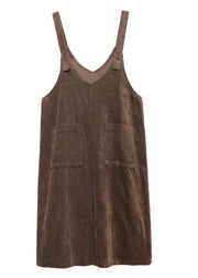 French chocolate big pockets cotton clothes For Women sleeveless Maxi spring Dress - bagstylebliss