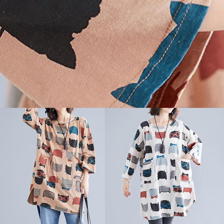 French chocolate print cotton tunic top o neck pockets Art shirts - bagstylebliss