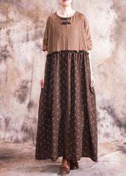 French chocolate print linen cotton dresses o neck patchwork long fall Dresses - bagstylebliss