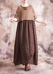 French chocolate print linen cotton dresses o neck patchwork long fall Dresses - bagstylebliss
