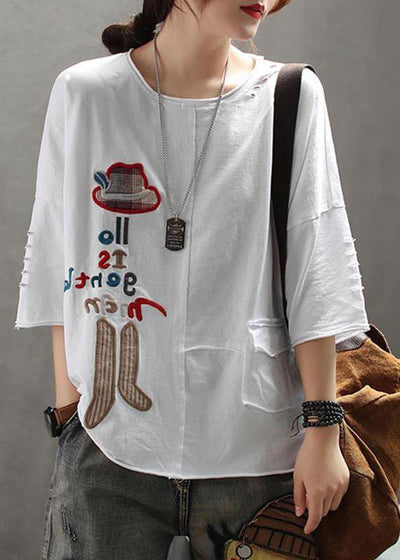 French cotton Embroidery Letter top silhouette 2019 white Summer Drop Shoulder Sleeve T-Shirt - bagstylebliss