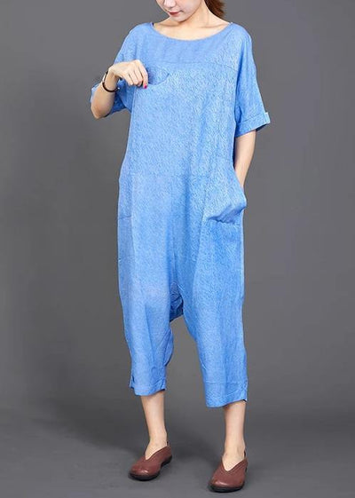 French cotton jumpsuit pants fine blue Solid Color Casual Loose Comfortable Jumpsuit - bagstylebliss