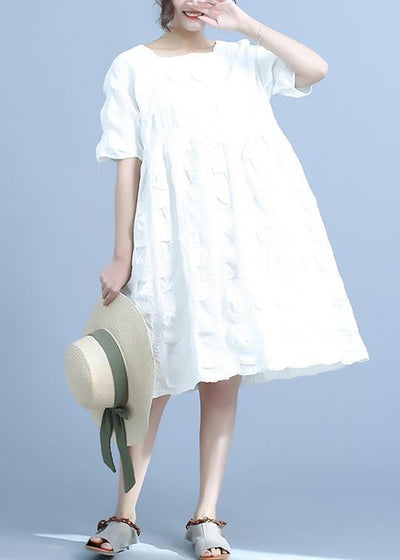 French cotton quilting white clothes plus size Pleated Loose Short Sleeve Summer Dress - bagstylebliss