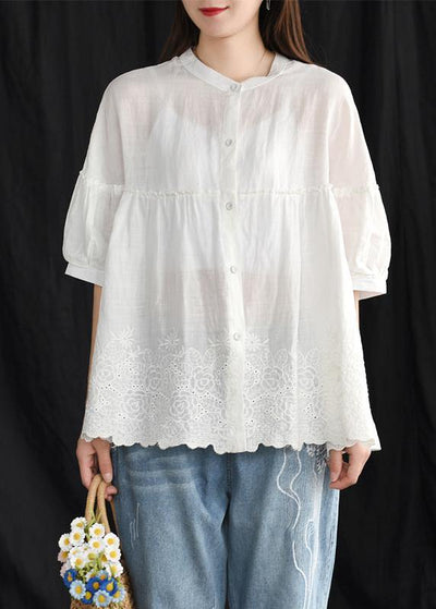 French cotton whhite shirts women boutique Women Summer Vintage Loose Embroidery Shirt - bagstylebliss