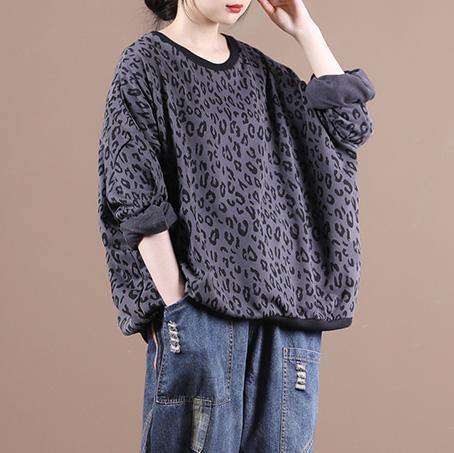 French dark gray Leopard tops women blouses o neck loose blouses - bagstylebliss