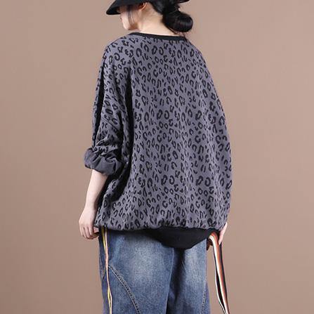 French dark gray Leopard tops women blouses o neck loose blouses - bagstylebliss