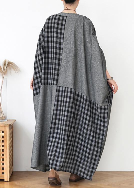 French dark gray plaid clothes For Women o neck patchwork long fall Dress - bagstylebliss