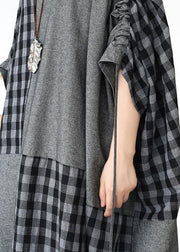 French dark gray plaid clothes For Women o neck patchwork long fall Dress - bagstylebliss