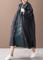 French denim black Fine coat for woman Shape hooded Hole outwears - bagstylebliss