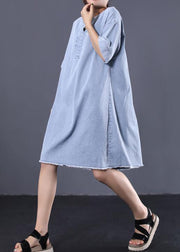 French denim blue Cotton quilting dresses v neck loose summer Dress - bagstylebliss