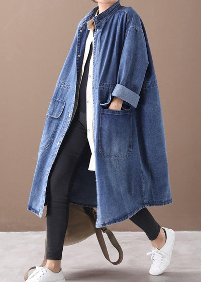 French denim blue Plus Size box coat Shape stand collar drawstring coat - bagstylebliss